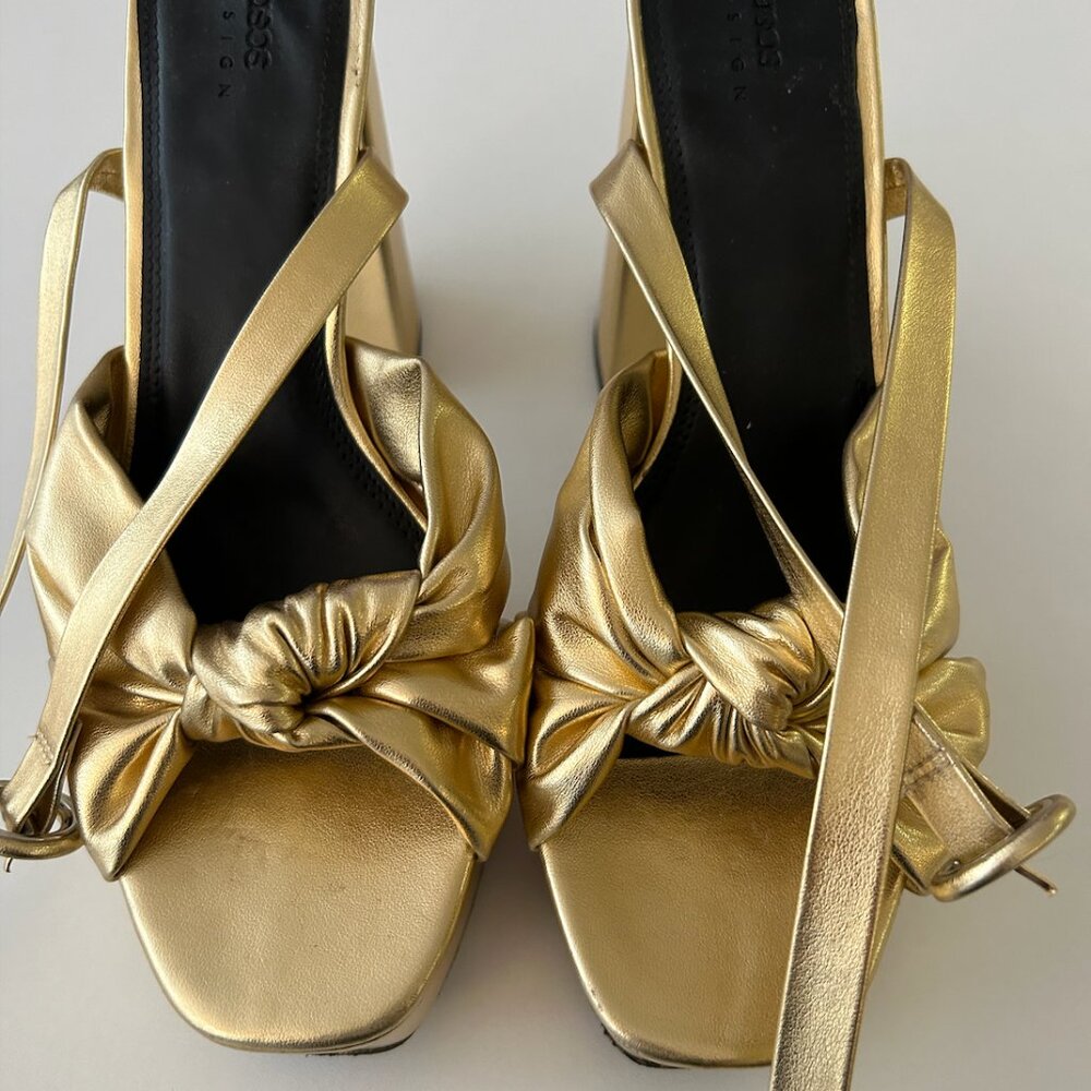 ASOS DESIGN Wide Fit Natia knotted platform heeled sandals in gold